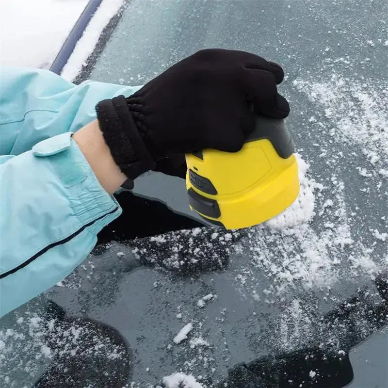 Yellow cordless electric ice scraper with USB charging cable for car windows