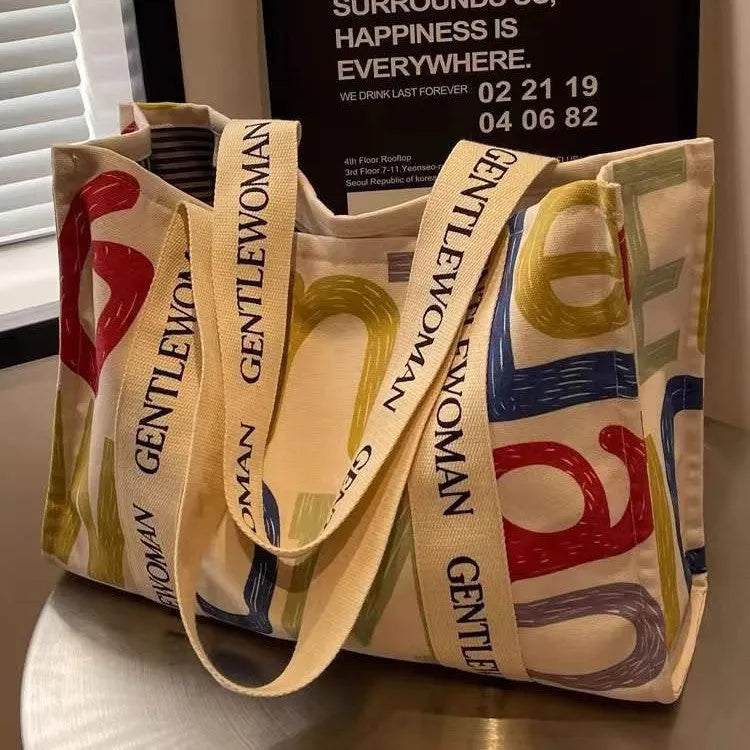 Large canvas tote bag with printing decoration in shoulder bag style