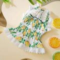 Rock yellow lemon princess-style dog dress skirt with thin straps, made from breathable polyester fabric.