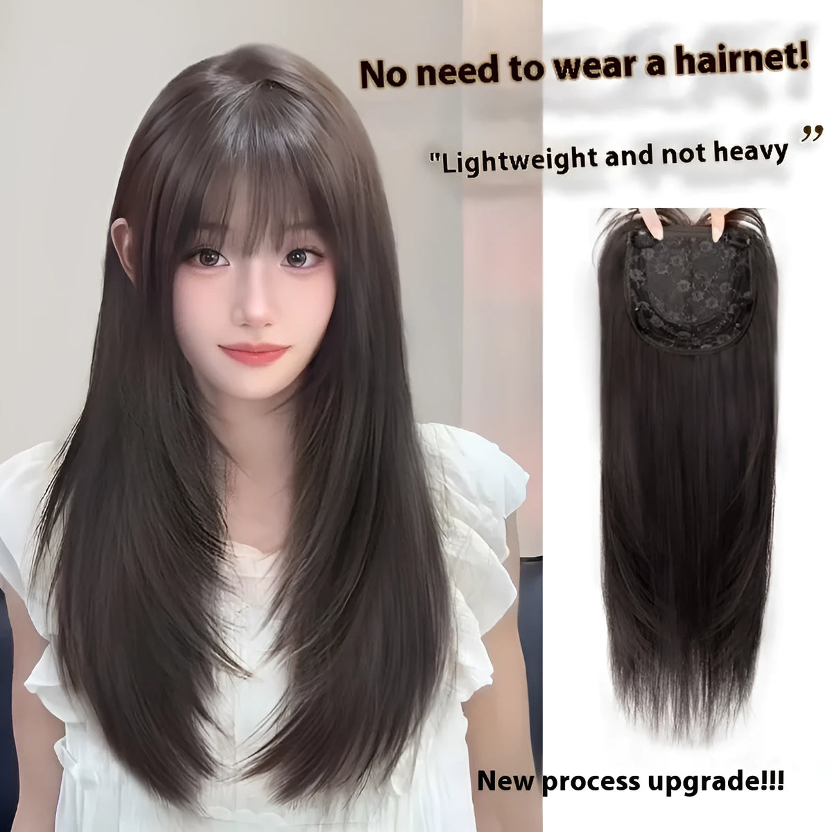 Black long straight high-layered wear-free hair net wig on display stand