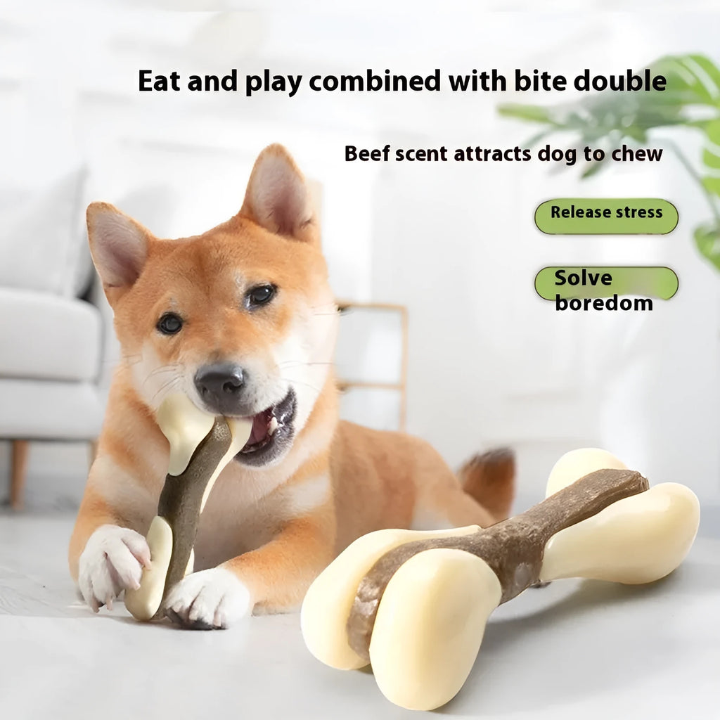 Cowhide and nylon bone-shaped dog chew toy grinding rod in foodie bones colour.