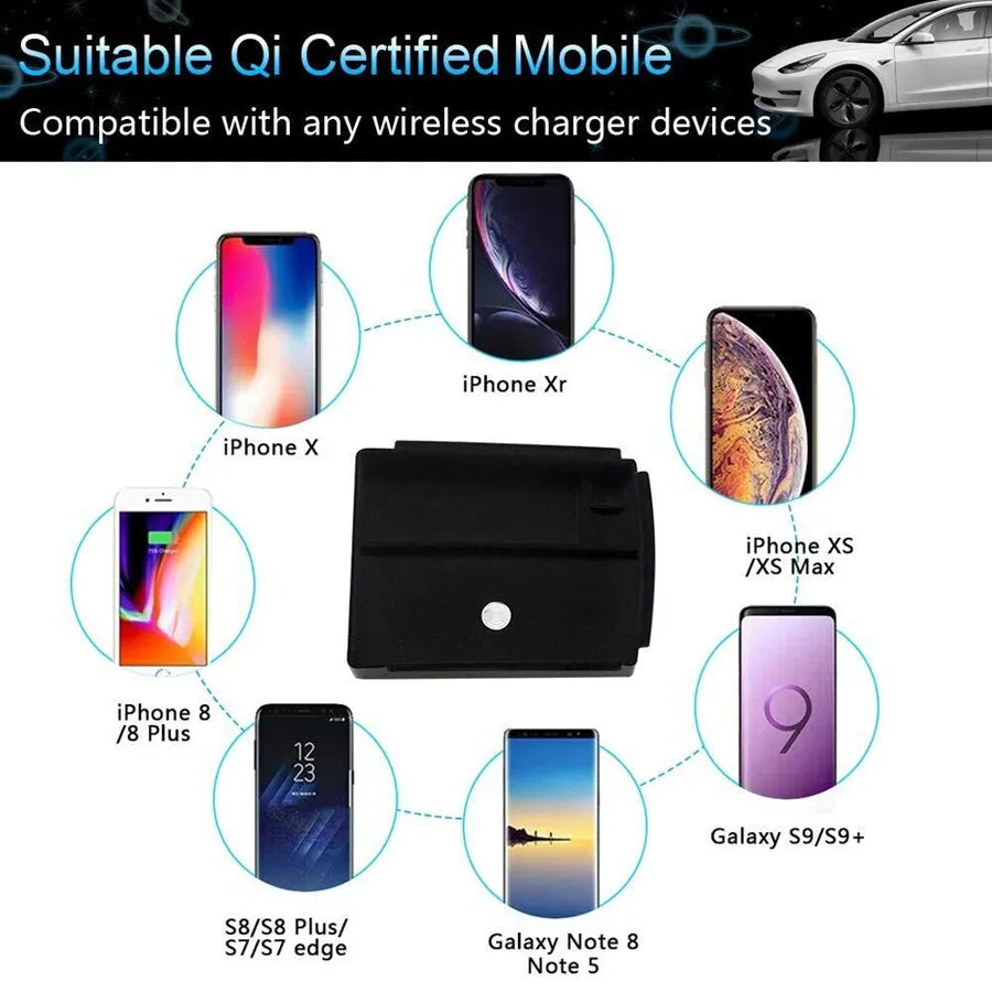Black wireless charging storage box with Qi fast charging capability and ABS plastic construction