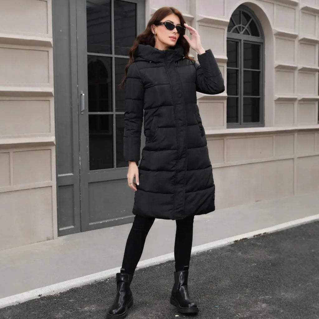 Black slim fit hooded jacket with long sleeves and cold-resistant polyester construction