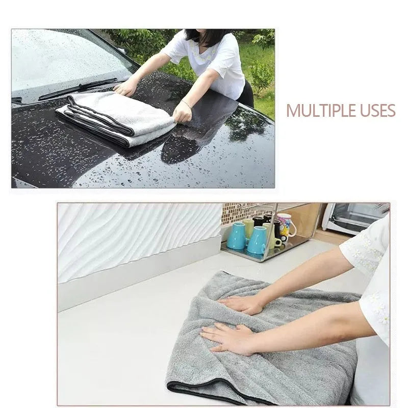 Microfiber car wash drying towel shown in three size options: 75x35cm, 60x40cm, and 100x40cm