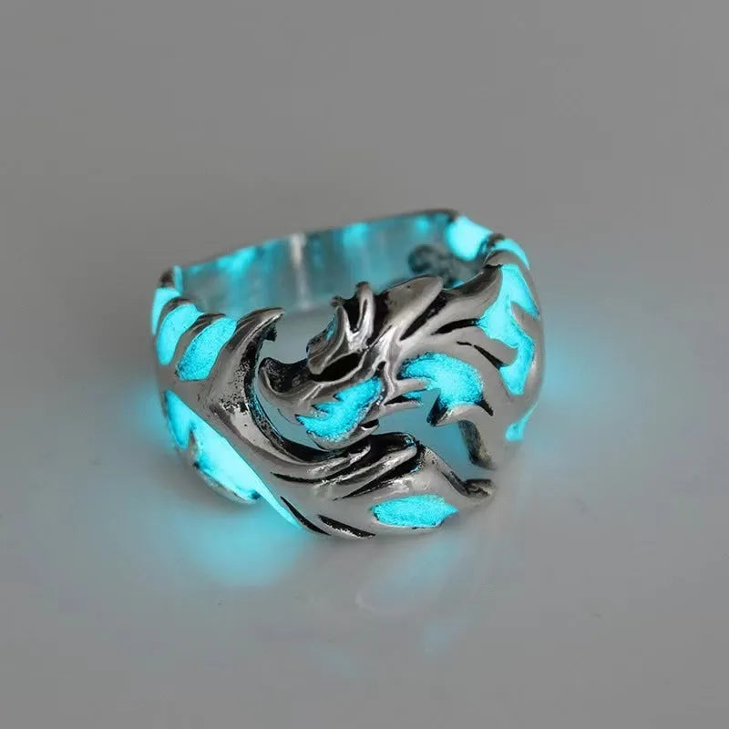 Adjustable luminous dragon pattern ring in archaism silver blue and green colours
