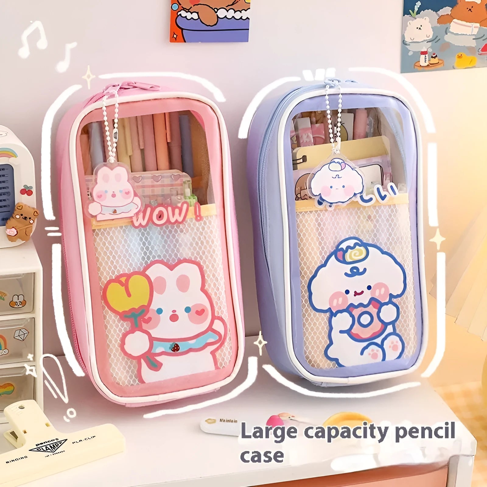 Transparent cartoon student pencil case with large capacity for stationery organisation