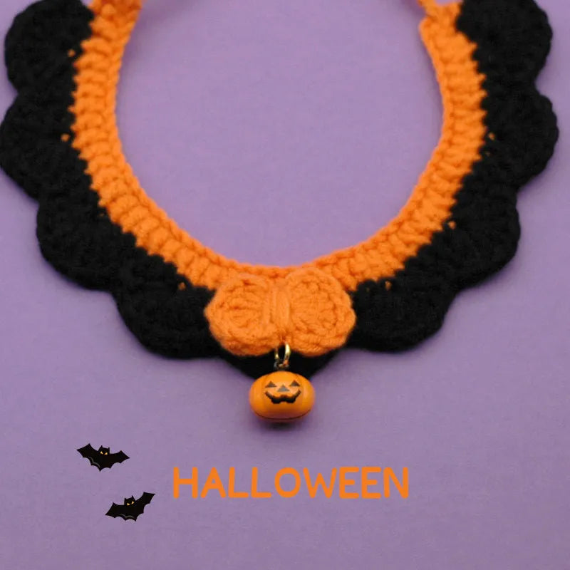 Hand-crocheted wool pet collar with pumpkin design in adjustable sizes