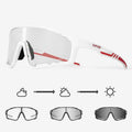 Semi-rimless photochromic cycling goggles with TR90 frame on a bicycle helmet.