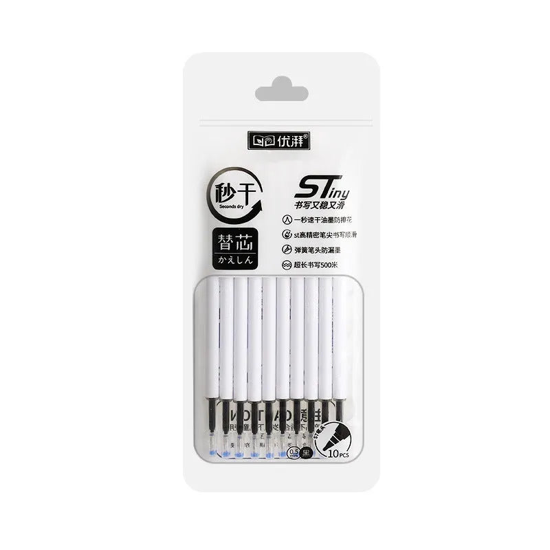 Pack of ten quick-drying ballpoint pen refills in black, red, blue, and ink blue colours.