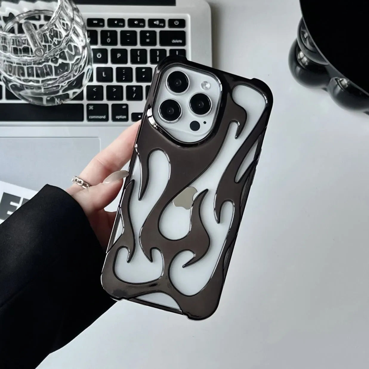 Electroplating hollow flame pattern soft TPU phone case for Apple iPhone in metallic silver finish