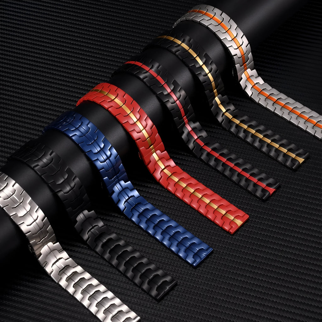 Stainless steel watch strap for Samsung Galaxy Watch in silver, black, titanium, blue and gold colour options