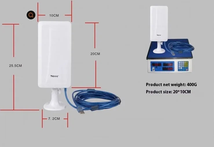 White high power USB wireless network card with Type USB connector showing coverage options