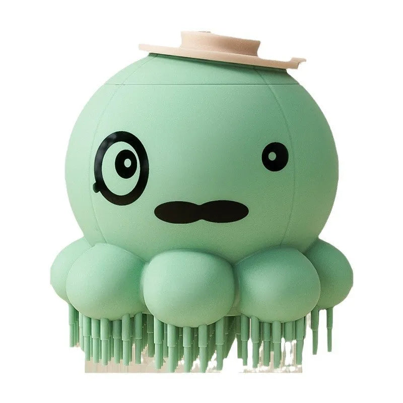 Silicone pet bath brush with body wash dispenser for dogs and cats, shown in green and purple