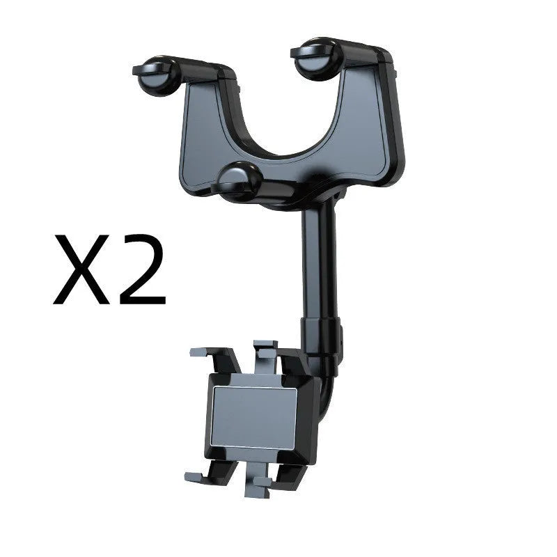 Black rearview mirror phone holder with 360 degree rotation and retractable arm for car mounting