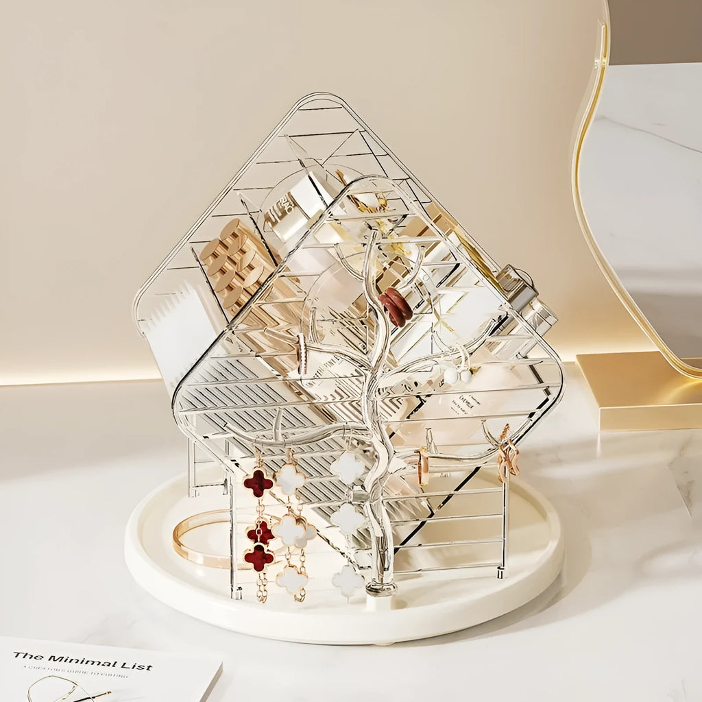 Transparent rotating cosmetics storage box with 360-degree rotation in clear or amber gold plastic
