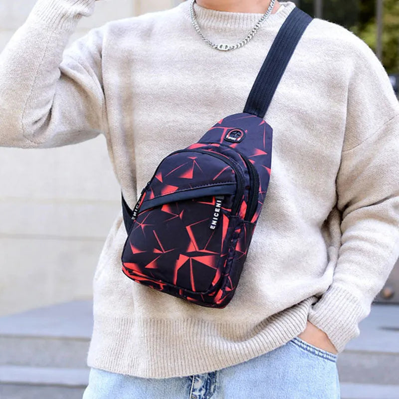 Oxford cloth men's crossbody sling bag with earphone hole and zipper closure