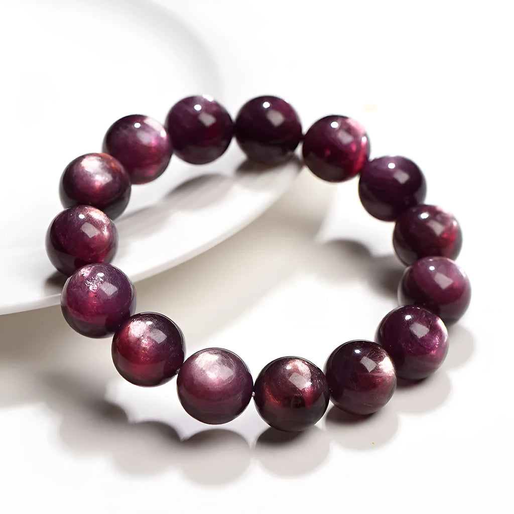 Purple lepidolite crystal round bead bracelet with polished finish and geometry style.