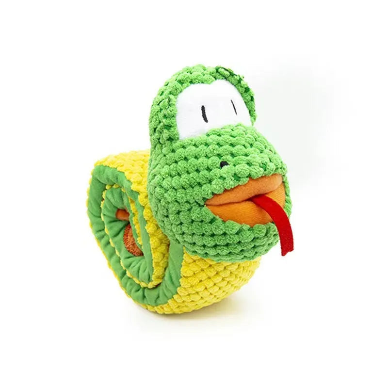 Squeak dog toy shaped like a snail with hidden food holes for puzzle training.