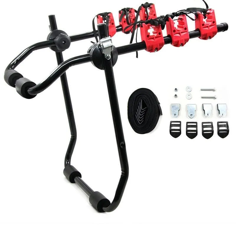 Black and red trunk mounted car bike rack with iron frame and plastic components