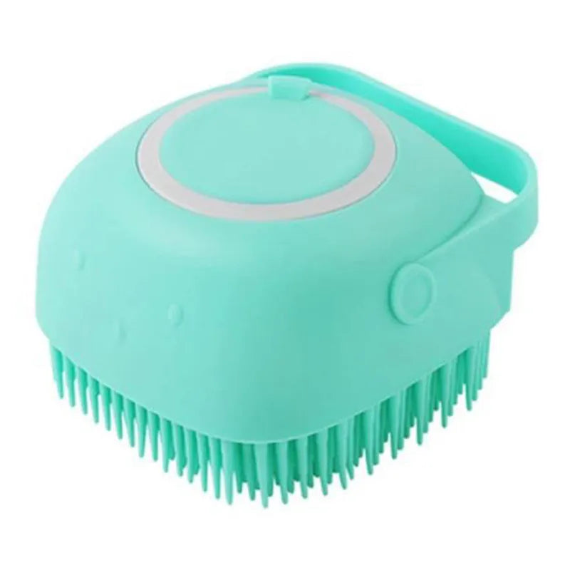 Silicone dog bath brush with ergonomic handle in blue, pink, or yellow colour