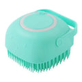 Silicone dog bath brush with ergonomic handle in blue, pink, or yellow colour