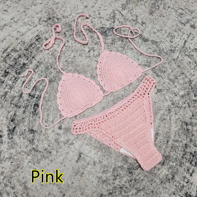 Handmade crochet bikini swimsuit set with matching beach skirt in acrylic fabric