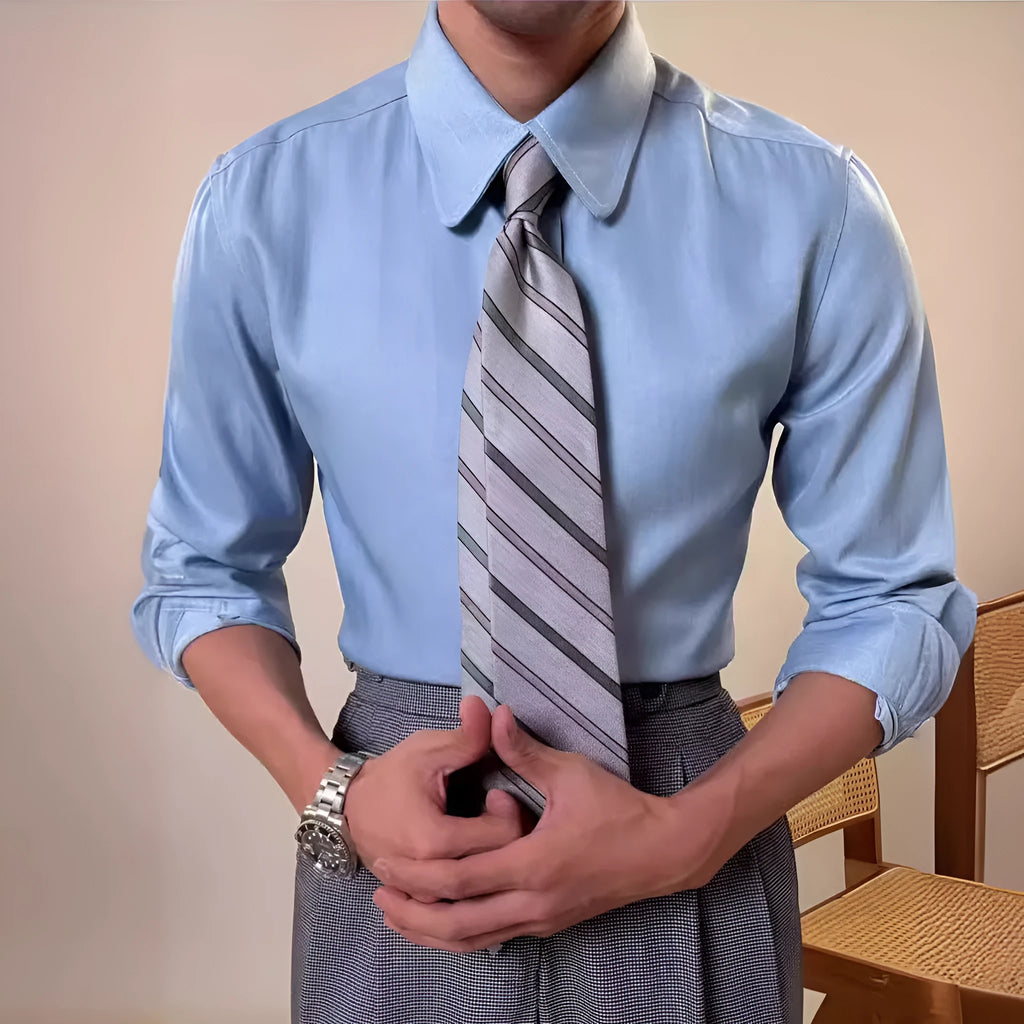 Men's slim fit long sleeve round collar shirt in light blue and dark blue colour options