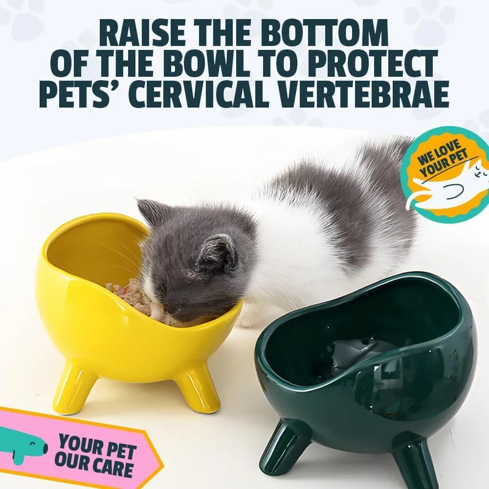 Green ceramic pet bowl with four legs and wide opening for cat or small dog feeding