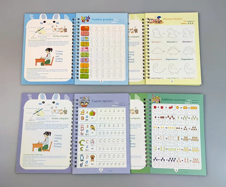 Four magic calligraphy practice copybooks with magnetic stylus pen and spare refills