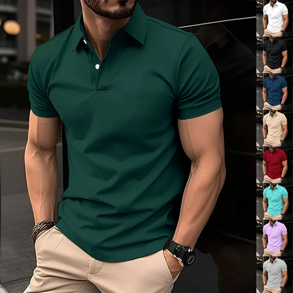 Men's solid colour short sleeve polo shirt with button lapel in a cotton blend fabric.