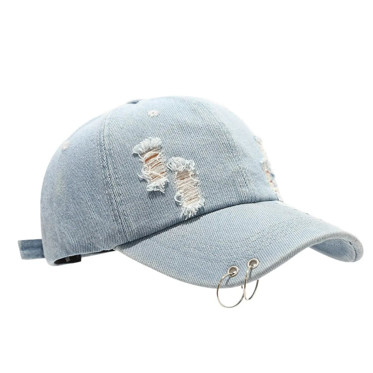 Men's adjustable denim peaked cap in black, shown from a side angle.