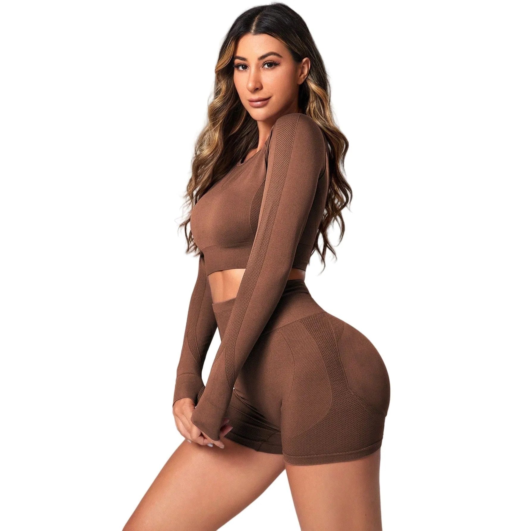 Women's yoga clothes suit in black showing high waist hip lift design with long sleeve top and pants