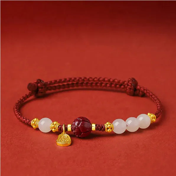 Adjustable 925 silver women's bracelet with Hetian jade bead and cinnabar red rope in shore colour
