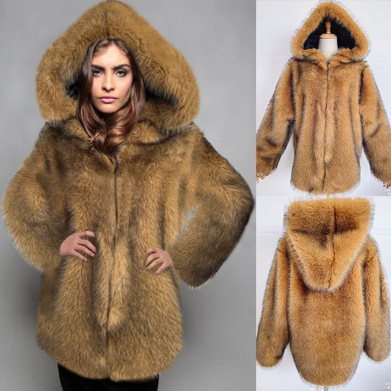 Women's silver grey artificial fur coat with medium length and loose fit