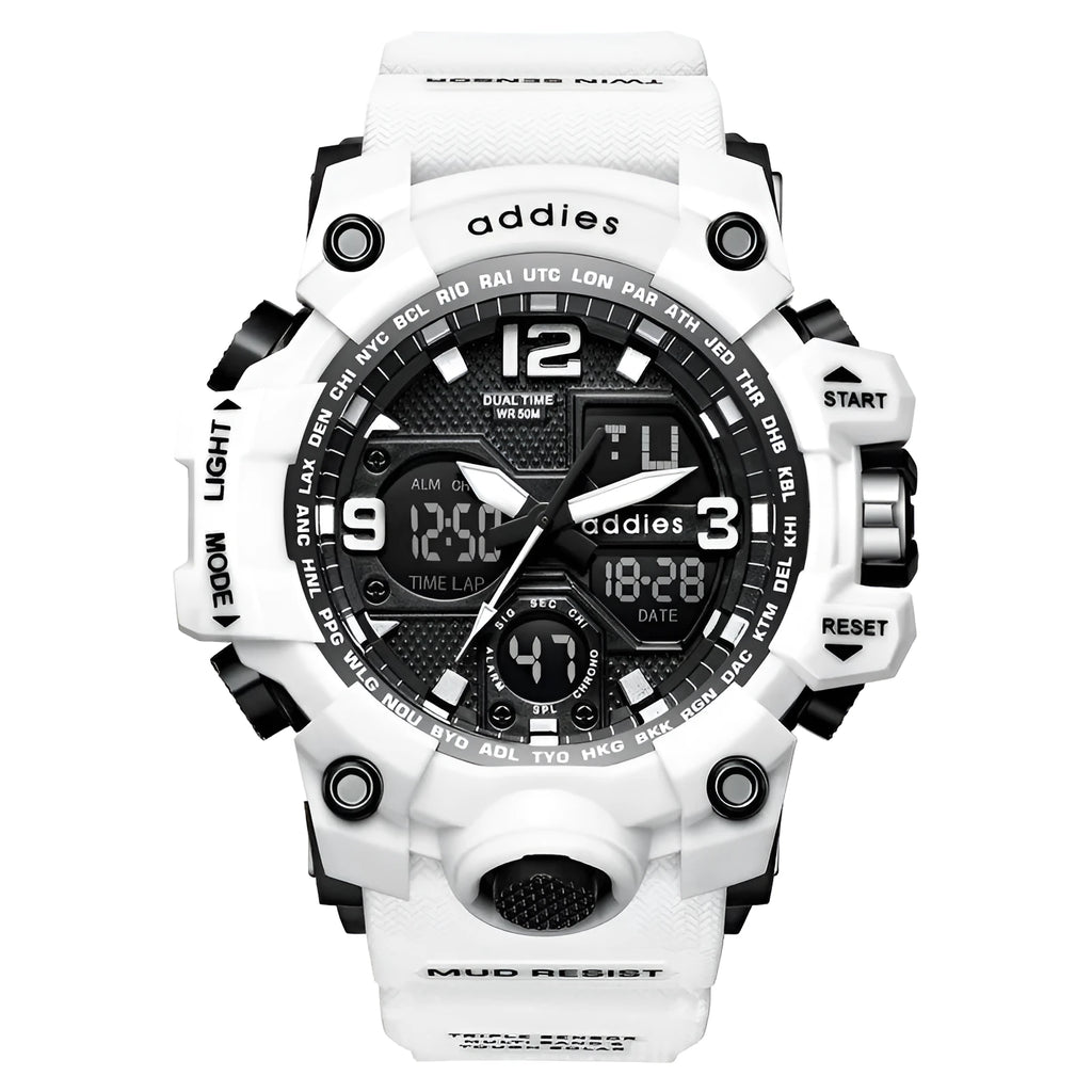 Men's electronic sports watch with dual analogue and digital display, plastic case and strap, water resistant to 50 metres
