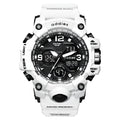 Men's electronic sports watch with dual analogue and digital display, plastic case and strap, water resistant to 50 metres