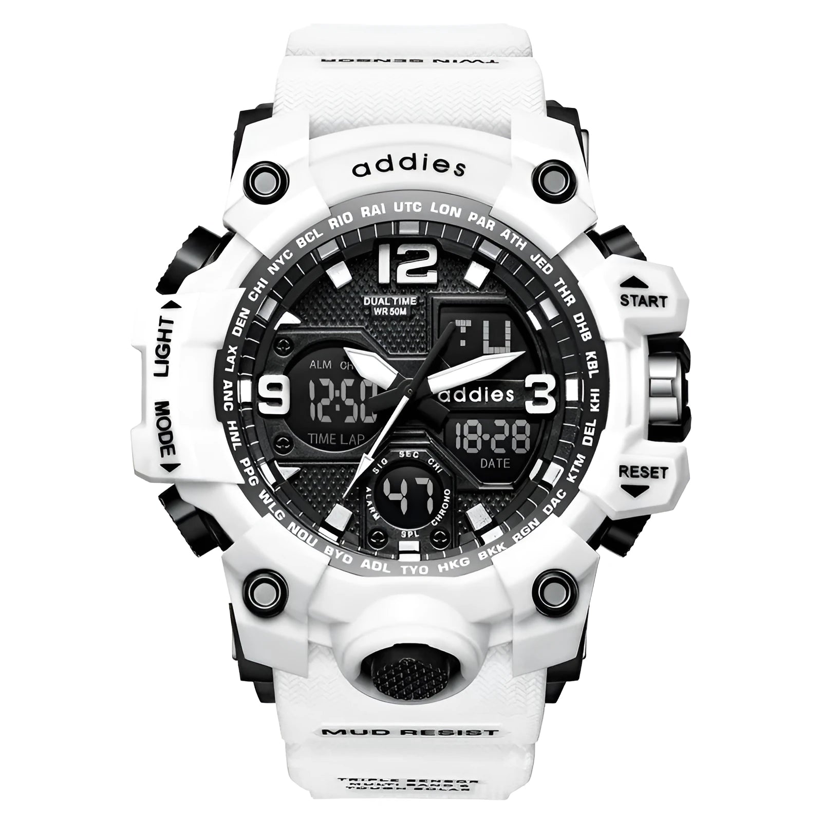 Men's electronic sports watch with dual analogue and digital display, plastic case and strap, water resistant to 50 metres