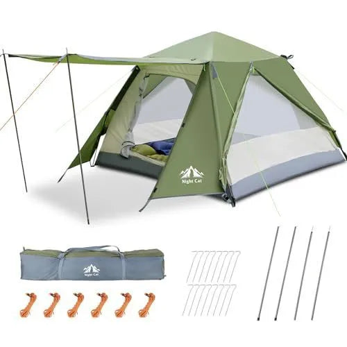 Dark green automatic pop-up camping tent for two people with dimensions 2.9m long by 2m wide