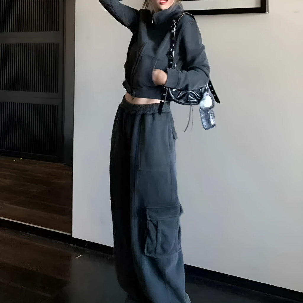 Women's two piece tracksuit set in dark gray or brown, polyester top and trousers with splicing detail