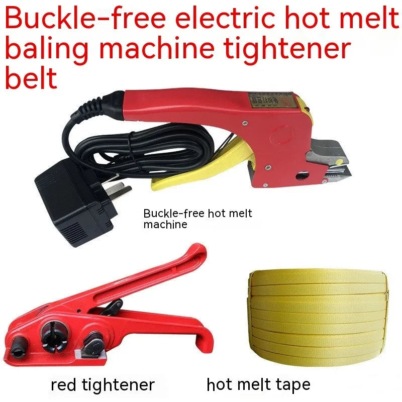 Portable electric hot melt packing machine with plastic steel tensioner and yellow strapping tape.