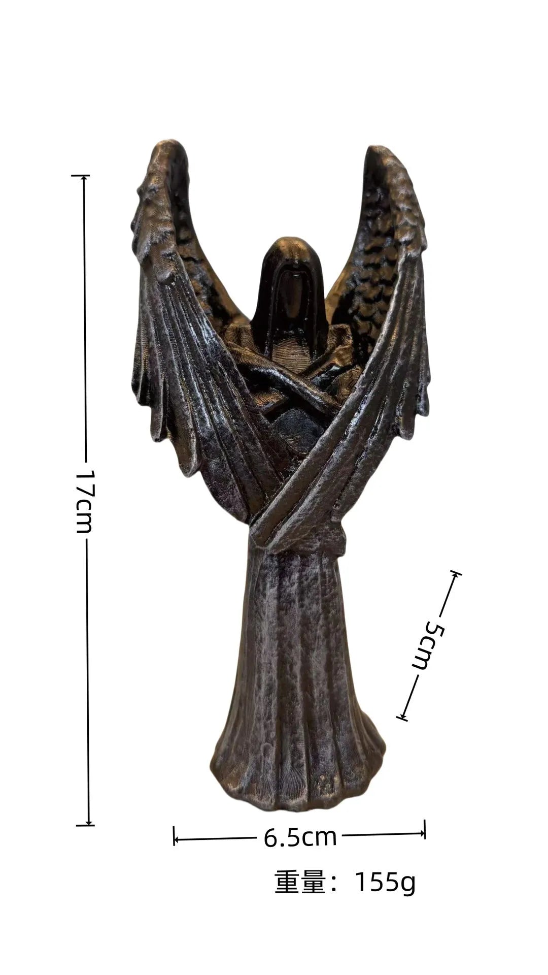 Dark coloured resin angel statue ornament with dimensions 6.5 cm by 5 cm by 17 cm.