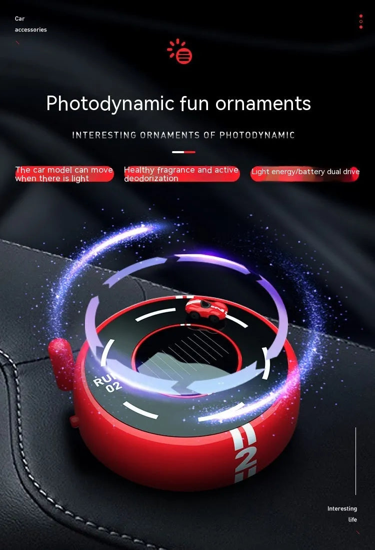 Round solar-powered car aromatherapy ornament in black, red or white colours