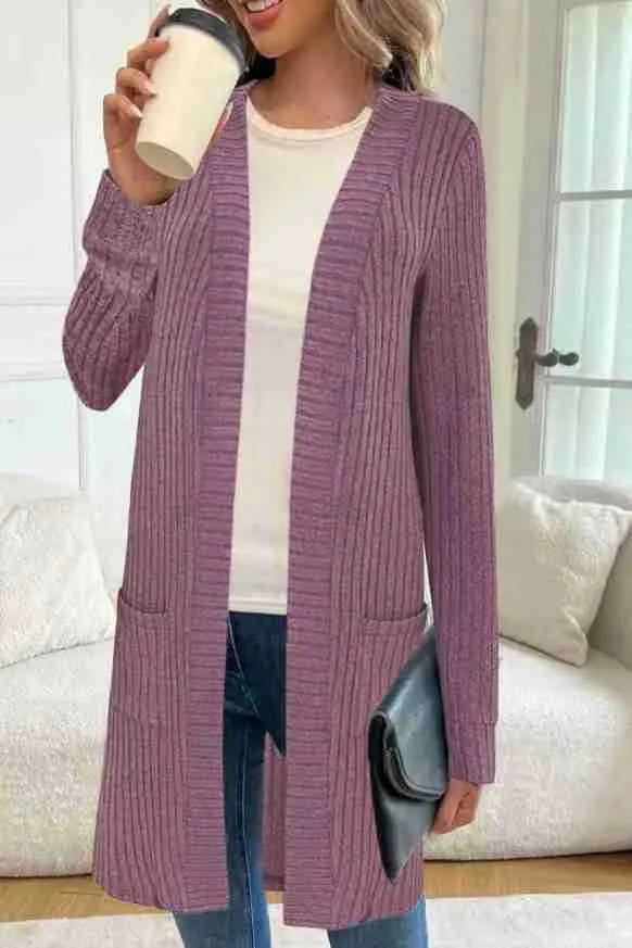 A loose-fit long sleeve knitted cardigan jacket in grey with front pockets.