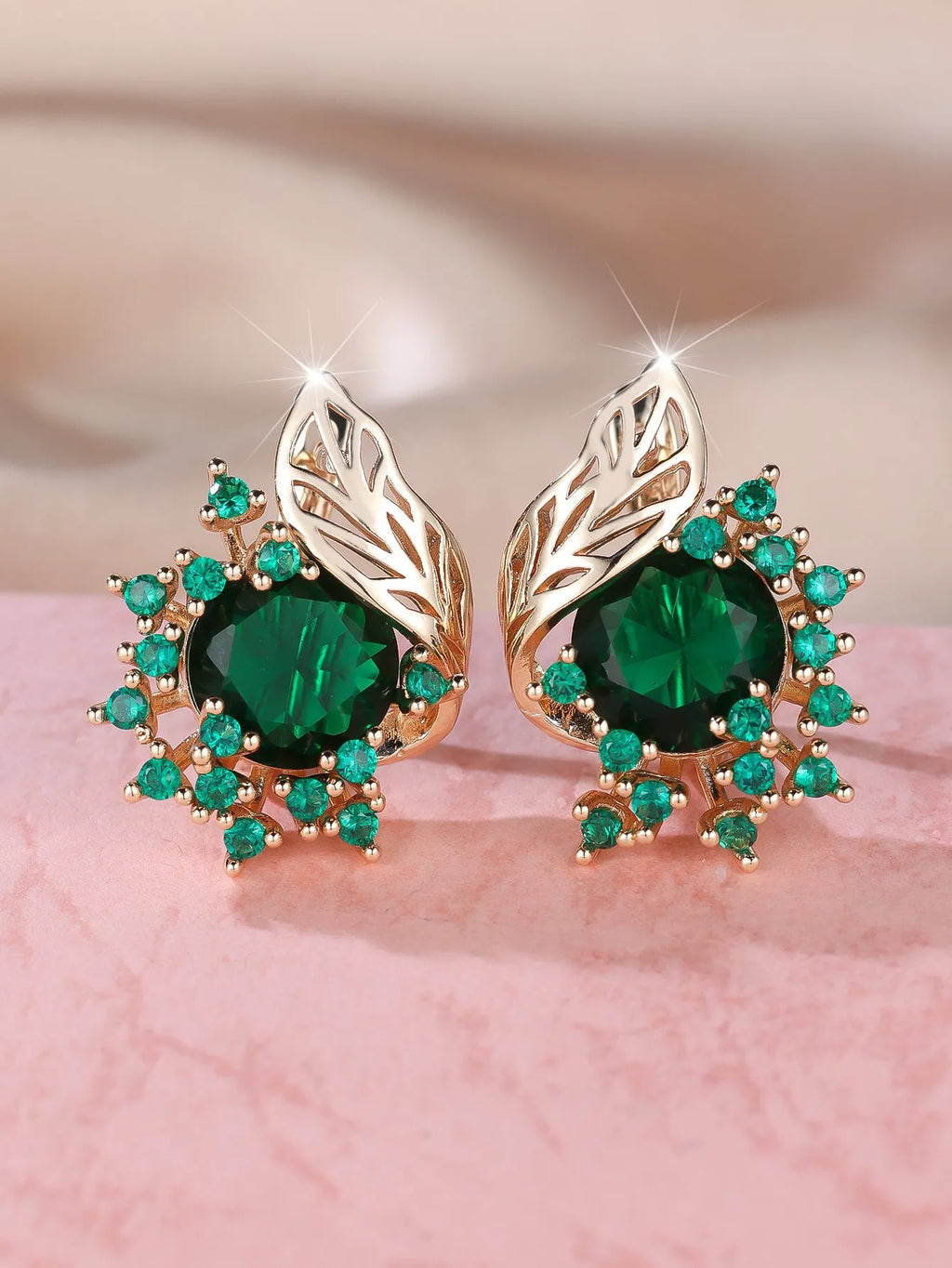 Round flower feather zircon earrings in champagne gold with coloured diamond options