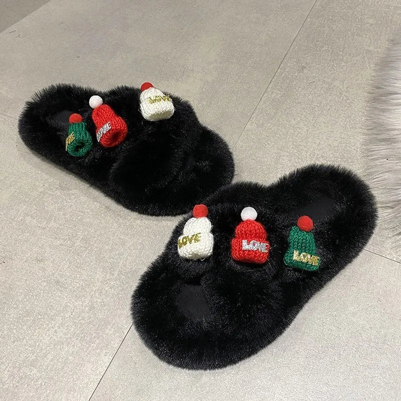 Women's Christmas hat design faux plush house slippers in black, khaki, and white.