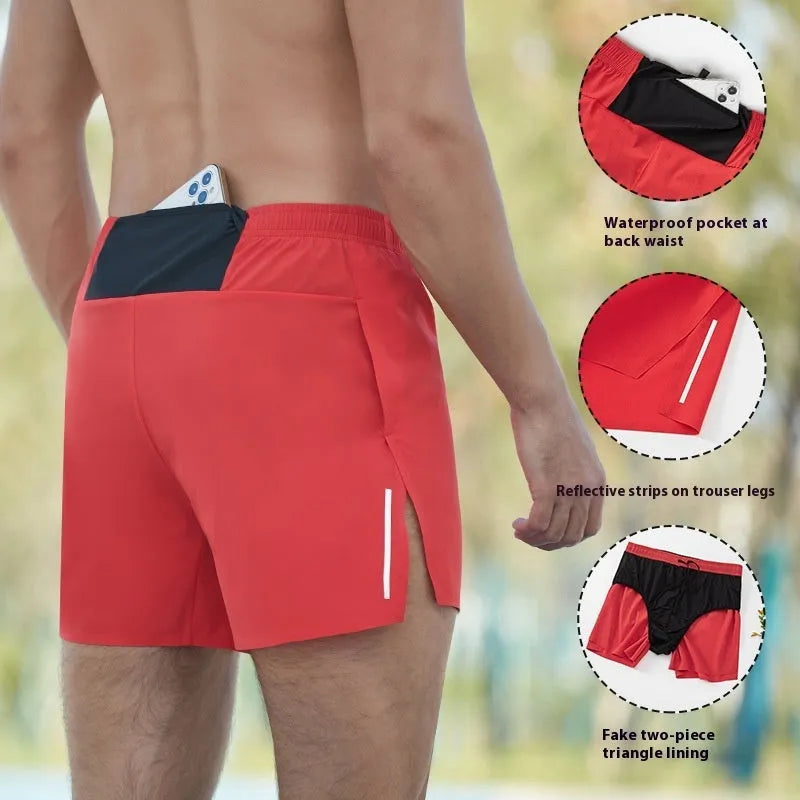 Men's red off-road running shorts with quick-dry fabric for marathon and cross-country running