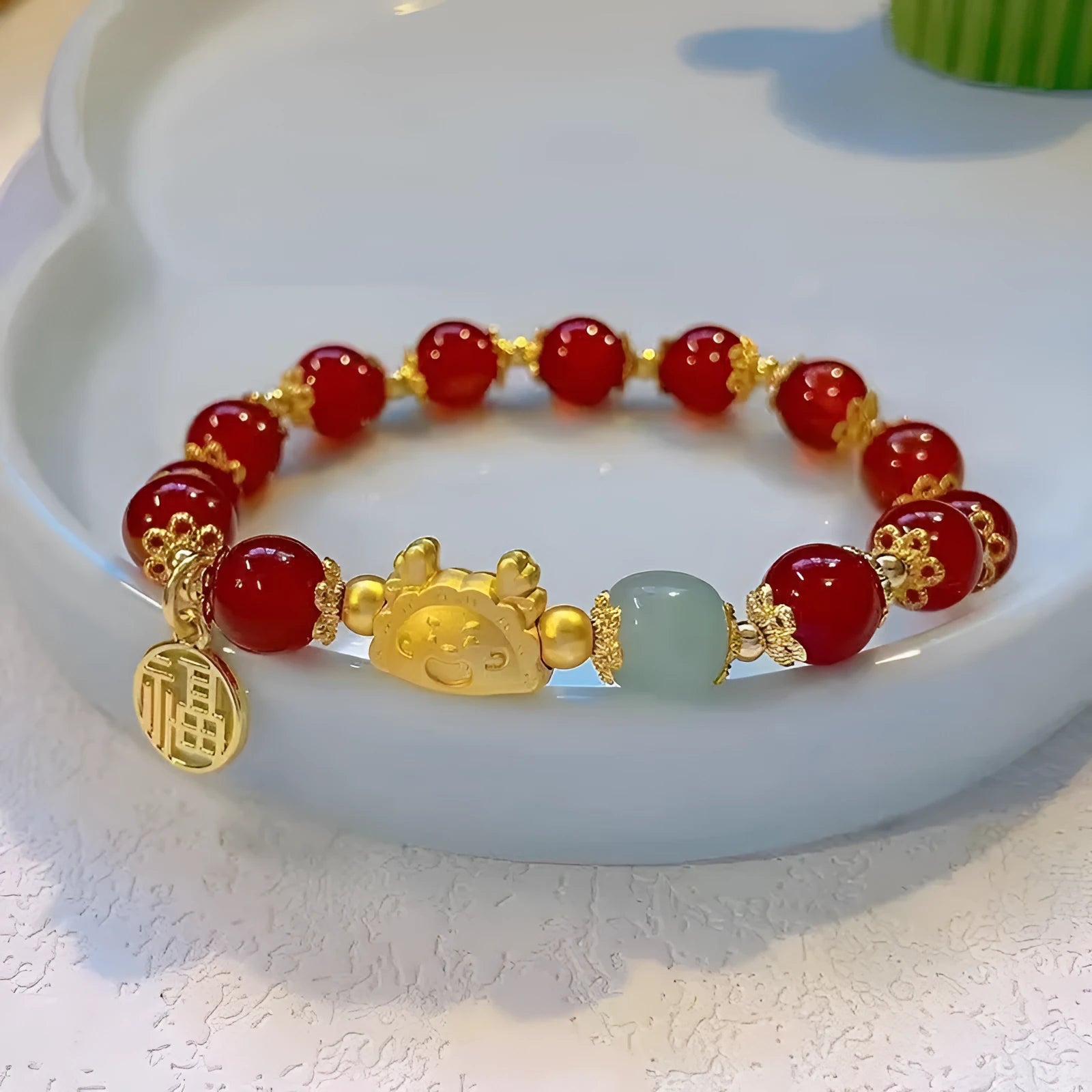 Floral glazed zodiac animal bracelet for women with coloured glass beads in red, pink, and white pearl colour variations