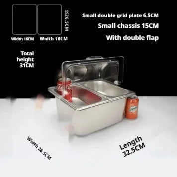 Stainless steel lidded food display box with multiple inner grids for commercial use.