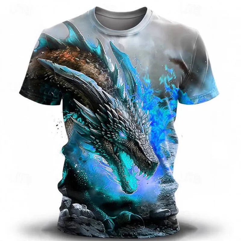 Men's grey T-shirt with 3D wind dragon chest print, short sleeves, thin milk silk fabric