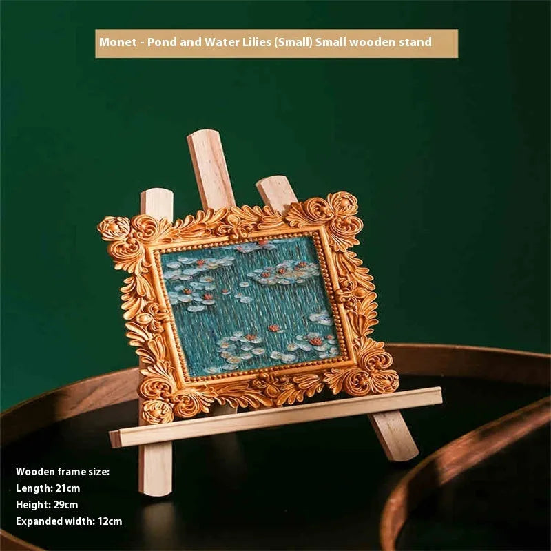 DIY oil painting by numbers kit showing framed Van Gogh Starry Night artwork with brushes and paints